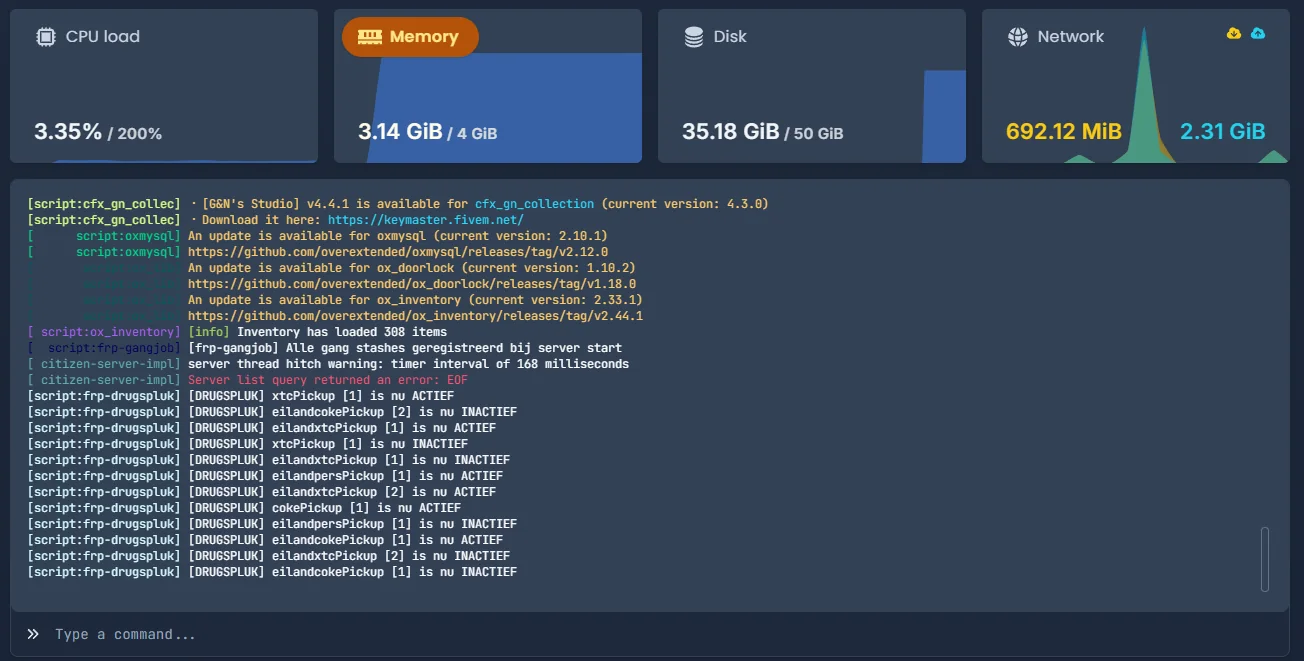 Serverconsole van een RN Scripts FiveM server met CPU-, geheugen- en netwerkgebruik